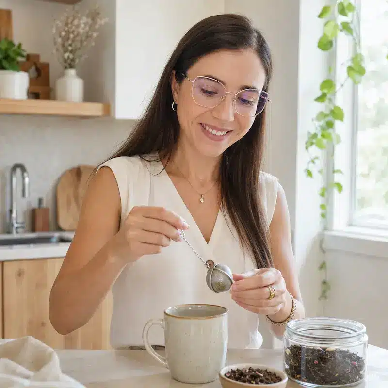 Vera Dias na sua cozinha com chá em folha e marmita de vidro — Workshop Cozinha sem Tóxicos